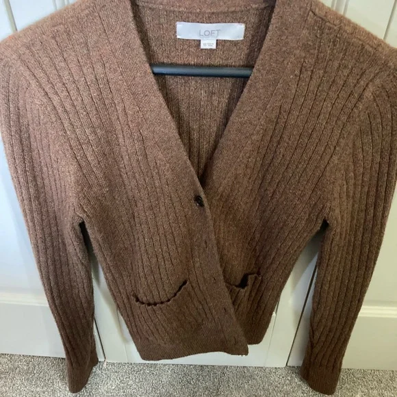 LOFT Heathered Rust-Brown Ribbed Cardigan - Picture 2 of 3
